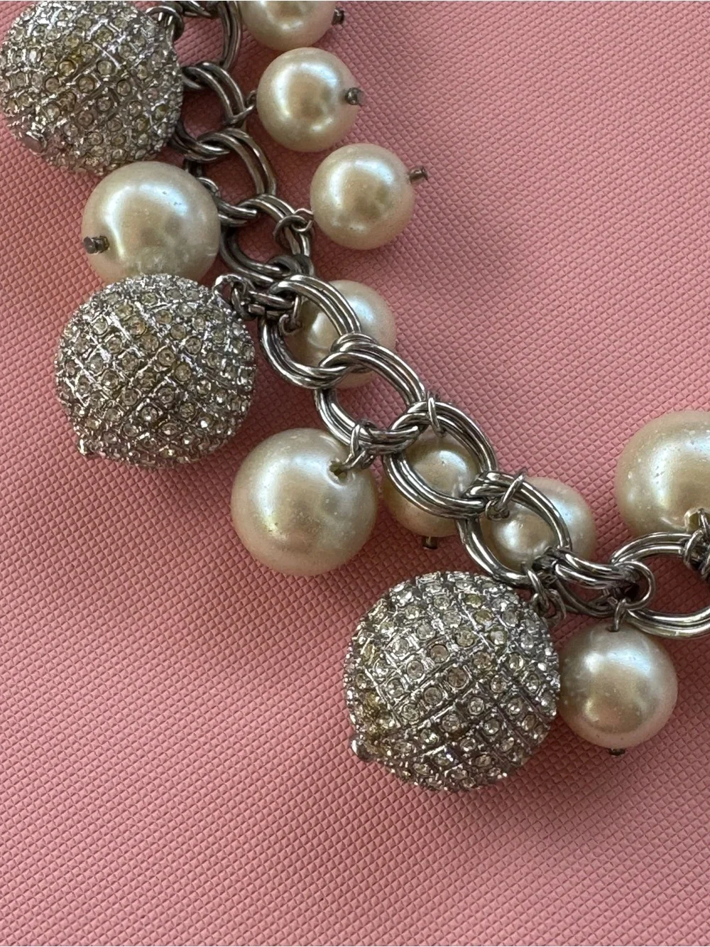 Pearl and Pave Ball Charm Statement 8 inch Necklace - Silver-toned, GUC